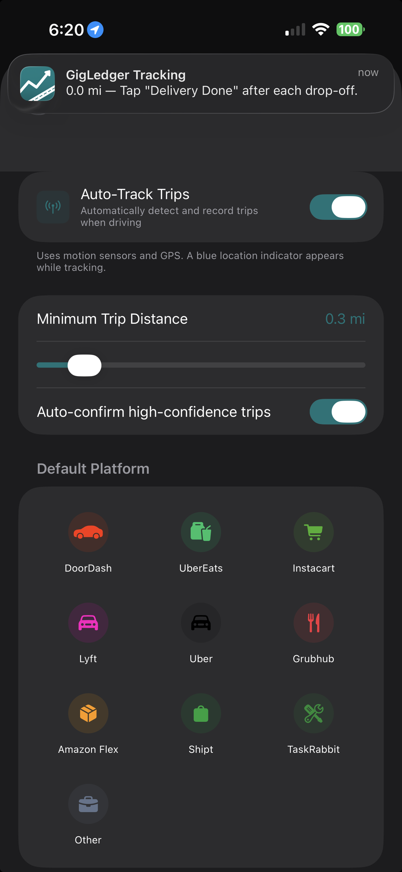 GigLedger auto-tracking settings with motion sensors, default platform, and trip distance threshold