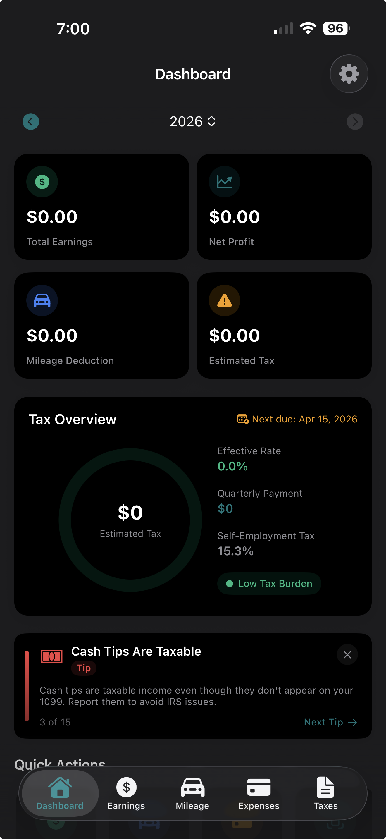 GigLedger gig worker dashboard showing earnings, mileage, and tax deduction summary