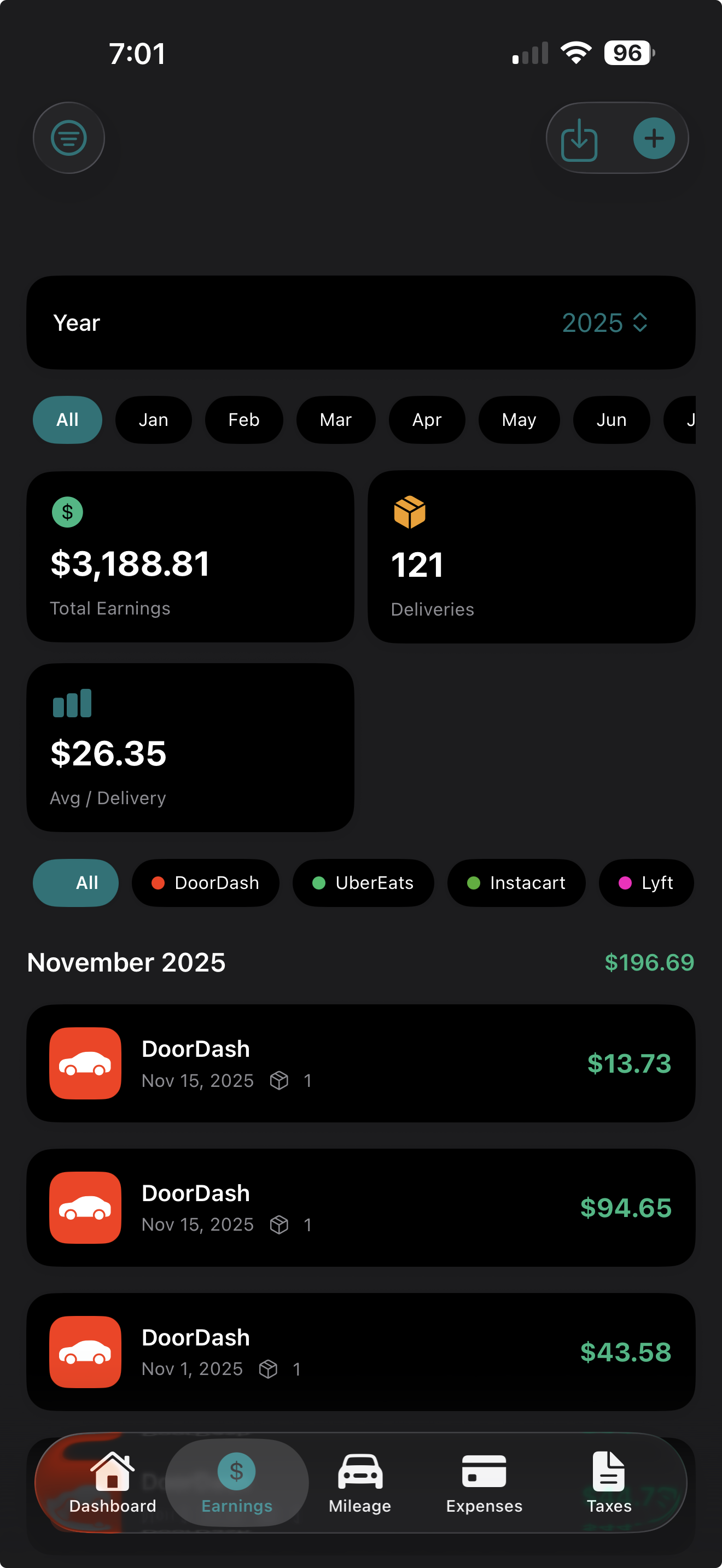 GigLedger multi-platform earnings tracker for DoorDash, Uber, and Instacart