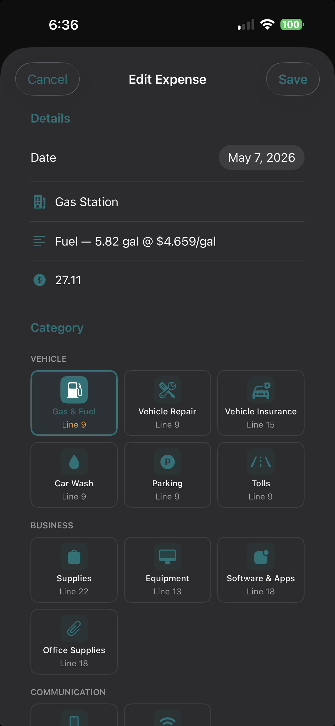 GigLedger expense categories mapped to Schedule C lines for vehicle, business, and communication