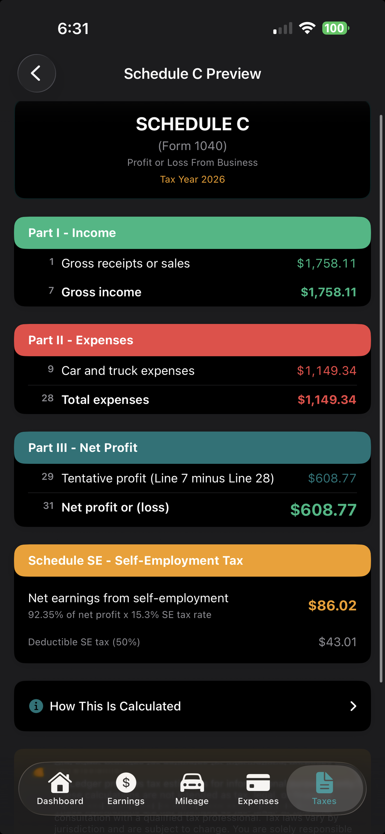 GigLedger Schedule C preview with Form 1040 income, expenses, net profit, and self-employment tax